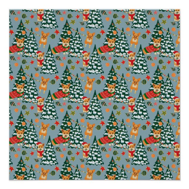 Poster Corgis décorent l'arbre de Noël en forêt (Devant)