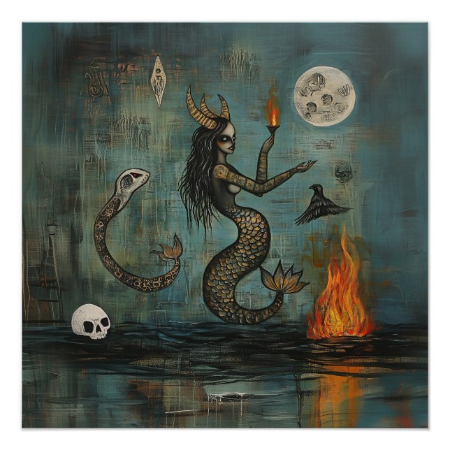 Poster Corned Mermaid Moon Witchy AI Art Semi-Gloss (Devant)