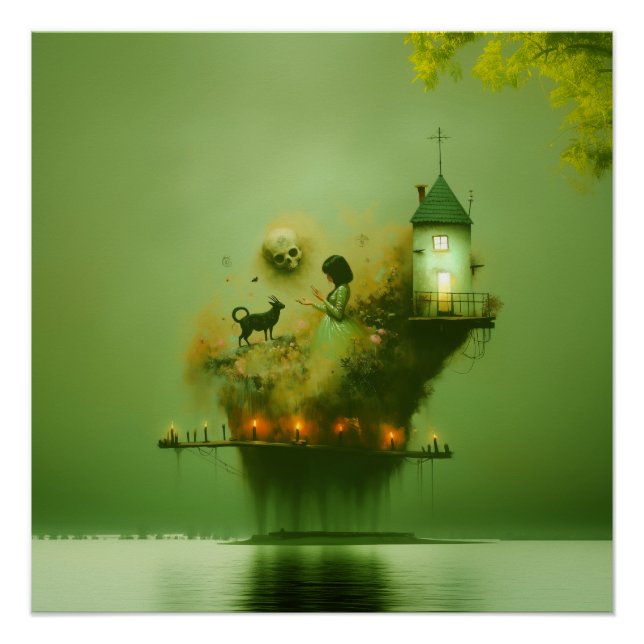 Poster Cornes Abstraites Chat Green Witchy AI Art Semi-br (Devant)