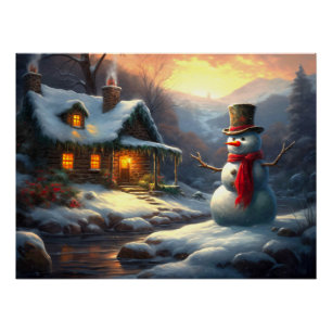 Poster Cosy Christmas Cottage & Snowman   hiver vintage