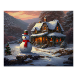 Poster Cosy Christmas Cottage & Snowman   hiver vintage