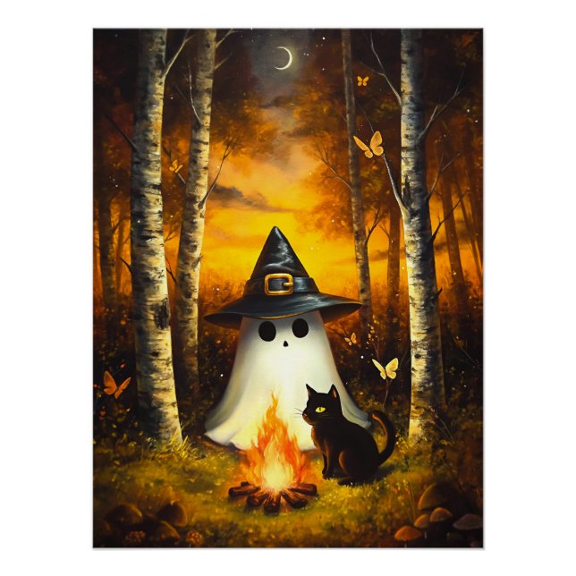 Poster Cosy Halloween Ghost & Black Cat Campfire Art (Devant)