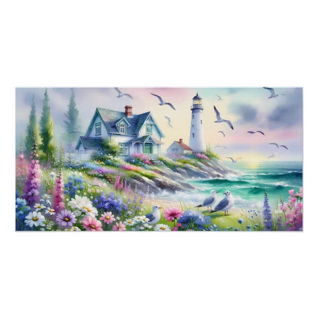 Poster Cottage balnéaire et phare aquarelle (Devant)