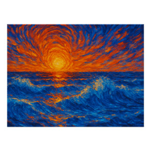 Poster Coucher de soleil Abstrait sur les vagues océaniqu