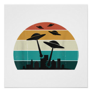 Poster Coucher de soleil d'attaque UFO rétro - Sauc volan