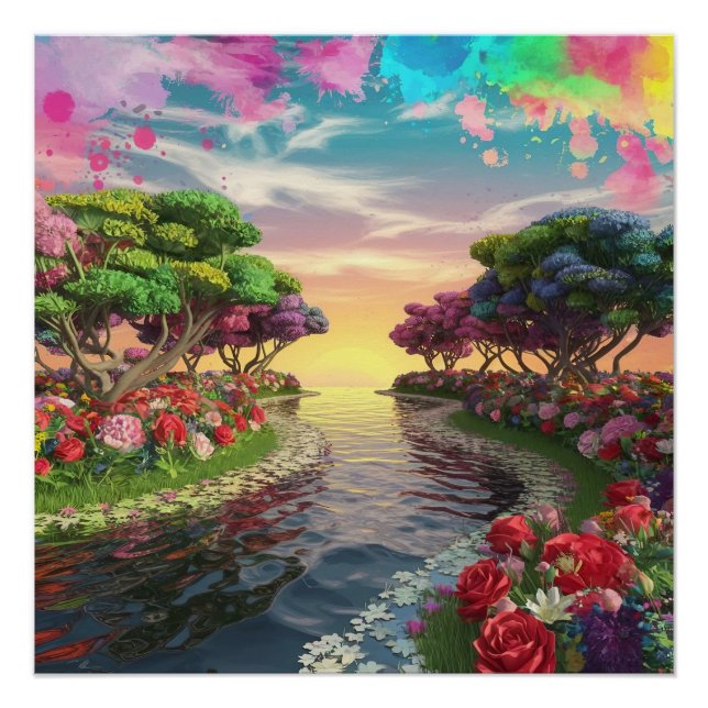 Poster Coucher de soleil en 3D sur le lac Serene avec vib (Devant)
