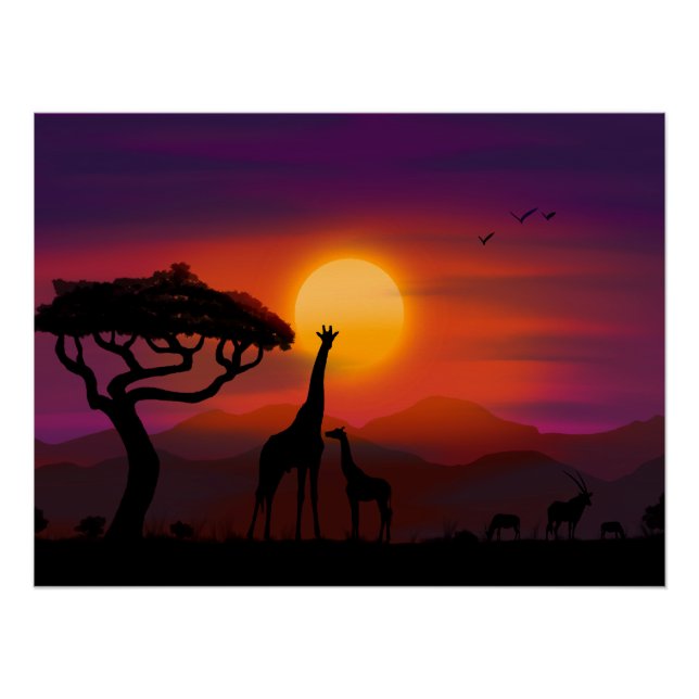 Poster Coucher de soleil en Afrique avec animaux (Devant)