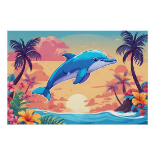 Poster Coucher de soleil et dauphin de l'île tropicale