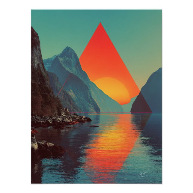 Poster Coucher de soleil géométrique sur un fjord (Devant)
