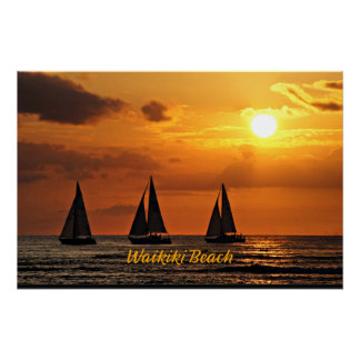 Poster Coucher de soleil hawaïen, Plage de Waikiki,
