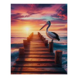 Poster Coucher de soleil marin/côtier/plage de pélican