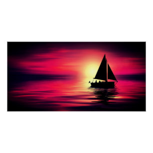 Poster Coucher de soleil, Mer, Bateau à voile