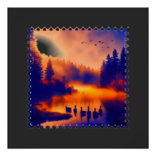 Poster Coucher de soleil orange coloré avec des canards s