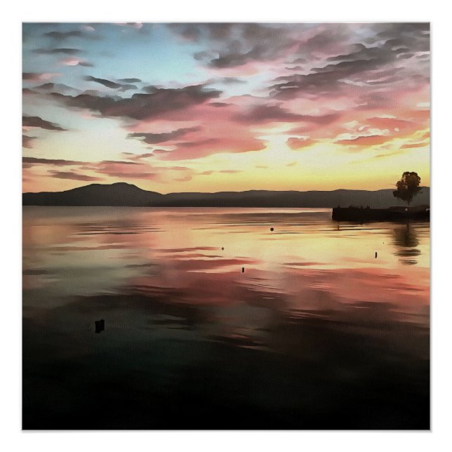 Poster Coucher De Soleil Reflété Sur L'Eau Tableau Du Lac (Devant)