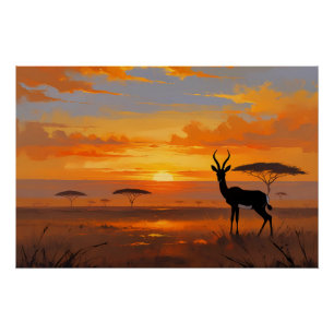Poster Coucher de soleil serein sur la savane – Art du pa