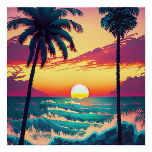 Poster Coucher de soleil sur la plage avec Palmiers Peint