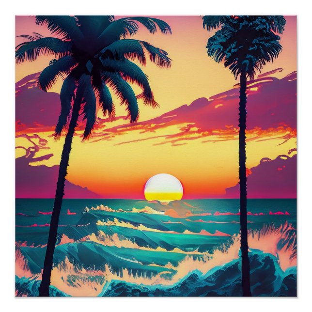 Poster Coucher de soleil sur la plage avec Palmiers Peint (Devant)