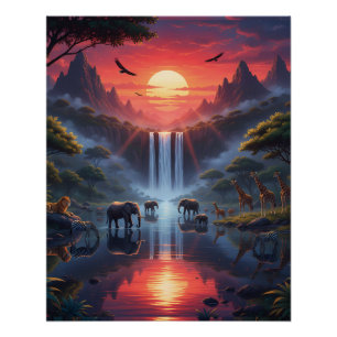 Poster Coucher de soleil sur la Serengeti : une oasis fau
