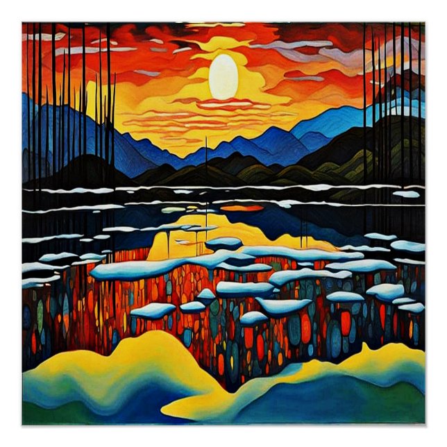 Poster Coucher de soleil sur le lac gelé 2 (Devant)