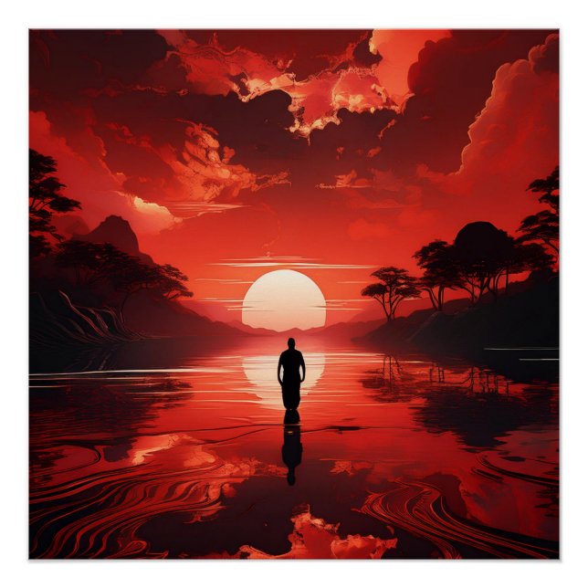 Poster Coucher De Soleil Sur Les Eaux Calmes - Rouge Fier (Devant)
