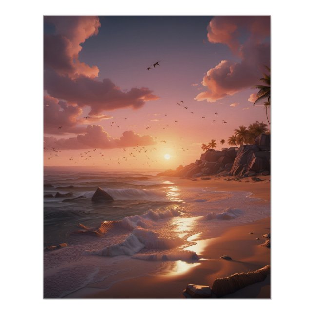 Poster coucher de soleil sur une plage tropicale (Devant)