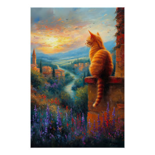 Poster Coucher de soleil toscan avec un chat roux