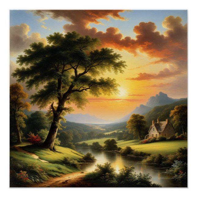 Poster Coucher de soleil tranquille au bord de la rivière (Devant)