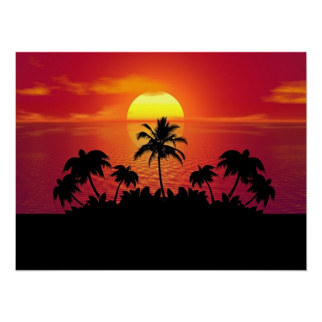 Poster Coucher de soleil tropical Palmiers Silhouette Pla (Devant)