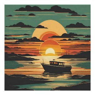Poster Coucher de soleil tropical rétro avec un bateau et