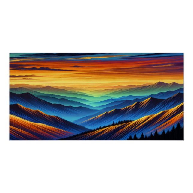 Poster Coucher de soleil vibrant sur des chaînes de monta (Devant)