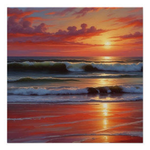 Poster Coucher Rouge Océan Peinture de paysage marin