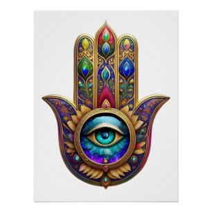 Poster Couleurs de Paon Doré Hamsa Saphir Troisième Œil
