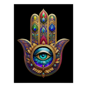 Poster Couleurs Paon Or Hamsa Vert Saphir Troisième Œil