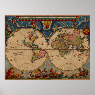 Poster Couleurs vives Vintage Vieux Monde Carte