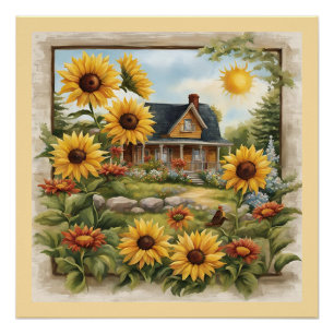 Poster Country Farmhouse Dreamy Golden Sunflowers