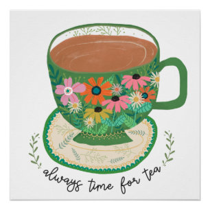 Poster Coupe de Thé Floral Citation Mug Vintage