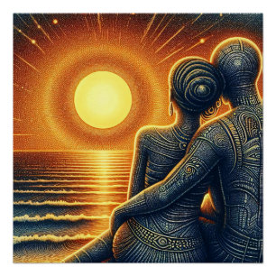Poster Couple amoureux au coucher du soleil au bord de la