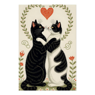 Poster Couple de chats amoureux du coeur floral