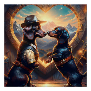 Poster Couple de Dachshund amoureux au portail de l'amour