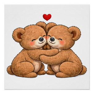Poster Couple de nounours mignons amoureux – Style brodé