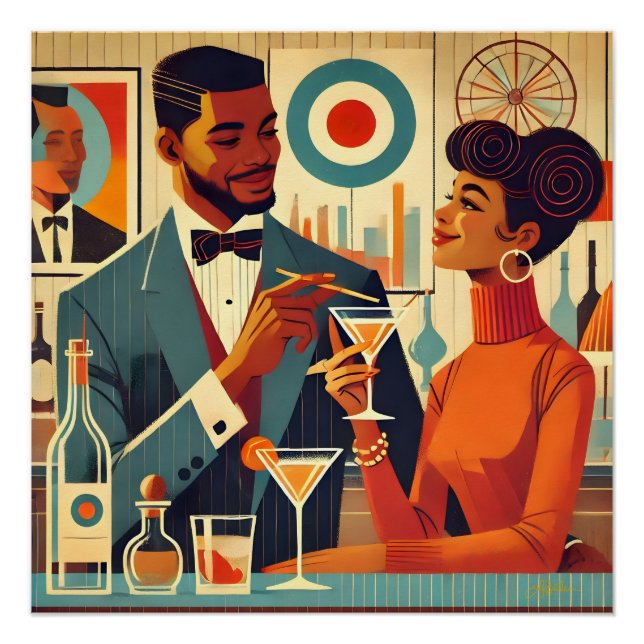 Poster Couples de fête cocktail de milieu de siècle - Hôt (Devant)