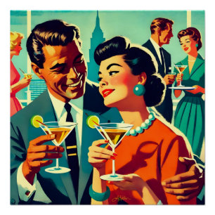 Poster Couples de Fête de Cocktail de Milieu de Siècle -