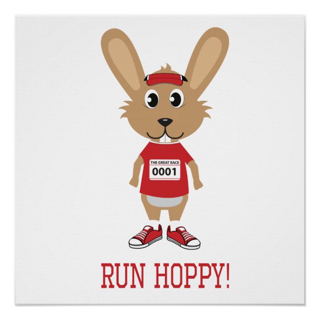 Poster Courez Hoppy ! Coureur de lapin en rouge (Devant)
