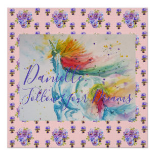 Poster Couverture de licorne aquarelle rose avec prénom d
