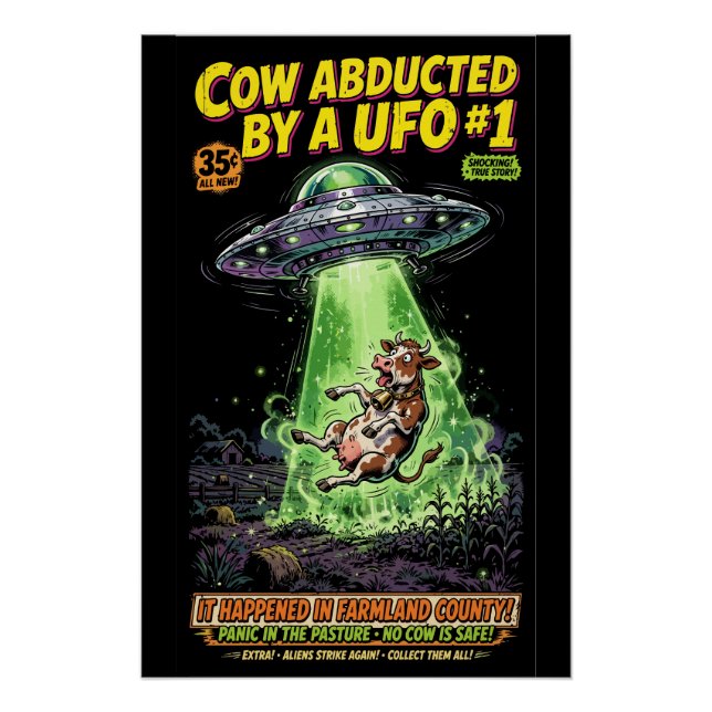 Poster Cow Abducted by a UFO #1 (Devant)