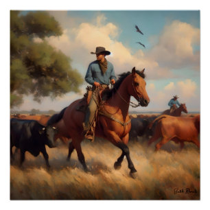 Poster Cow-boy sur cheval bai