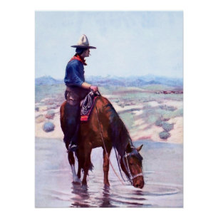 Poster Cowboy arrosant un cheval par W Herbert Dunton