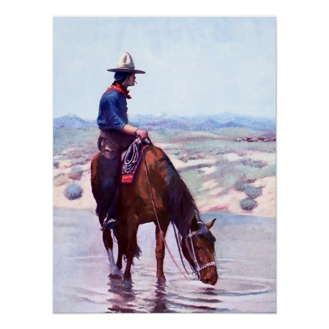 Poster Cowboy arrosant un cheval par W Herbert Dunton (Devant)