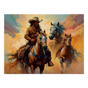 Poster Cowboy Chevaux Occidentaux bleu Tan Collage