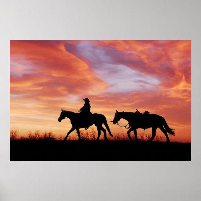 Poster Cowboy couché du soleil et silhouette de cheval (Devant)